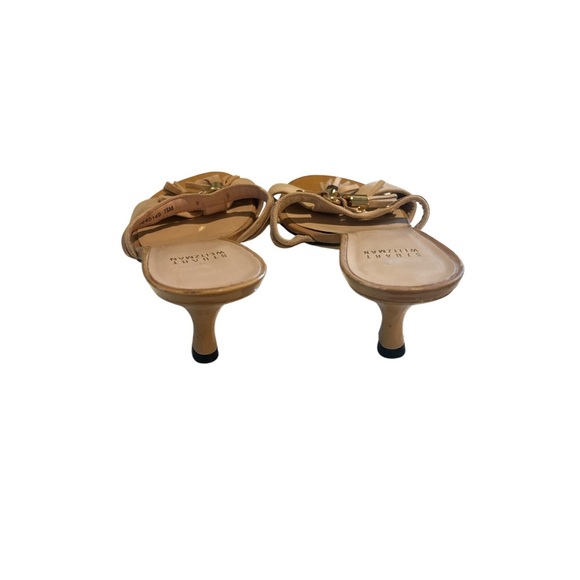 Stuart Weitzman 7.5 Nude Patent Leather & Suede Tassel Kitten Heel Mules Sandals - Picture 5 of 6